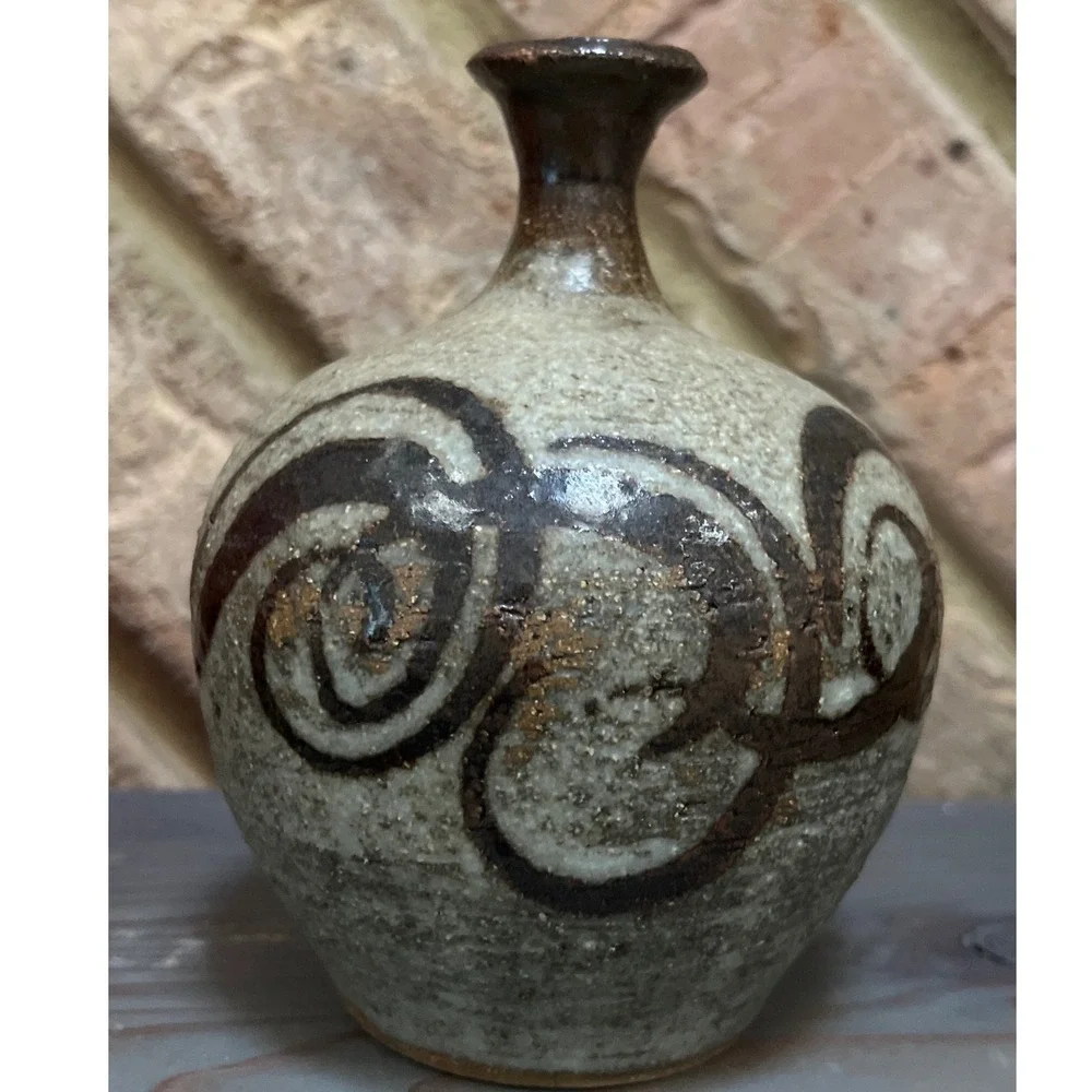 Vtg Signed Studio Pottery Bud Vase Abstract Swirl Stoneware 5
